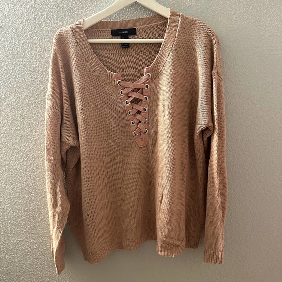 Forever 21 Women's Dusty Rose Lace-Up Front Knit Pullover Sweater Size Large - Picture 6 of 11